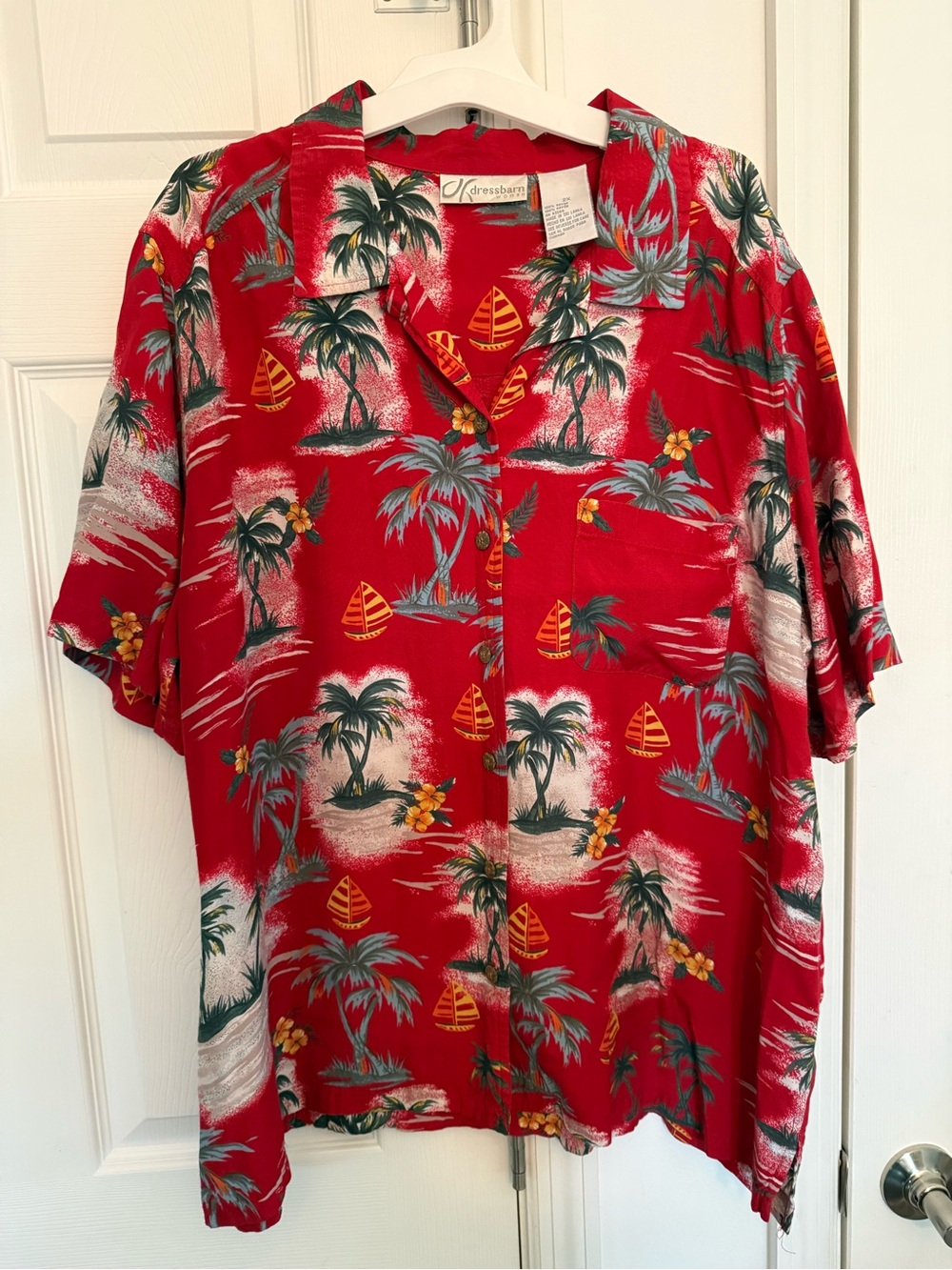 dressbarn Red Tropical Palm Print Button-Front Camp Shirt